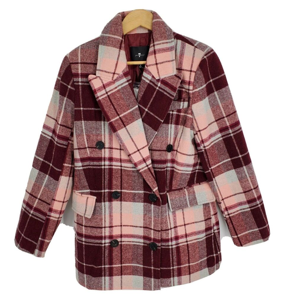 New 7 For All Mankind Double Breasted Pea Coat Pink Plaid Wool Blend Size Medium